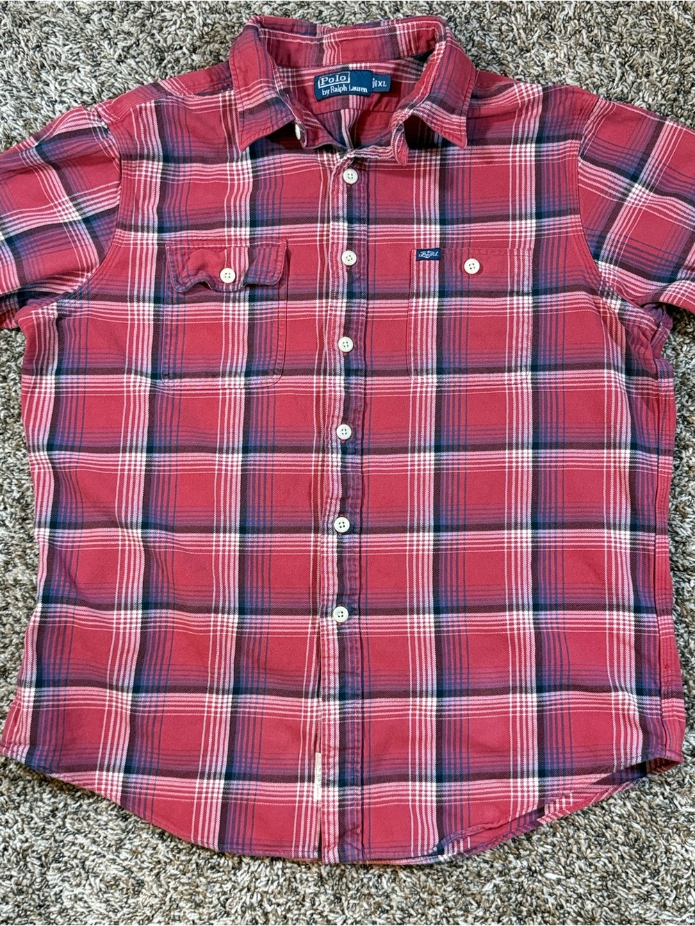 Ralph Lauren Red Plaid Button-Up Shirt with Navy & White Stripes
